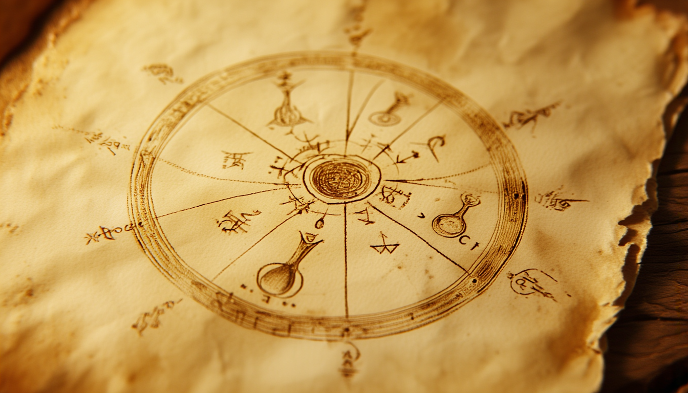 A seven-pointed seal with radiating lines and small alchemical vessels